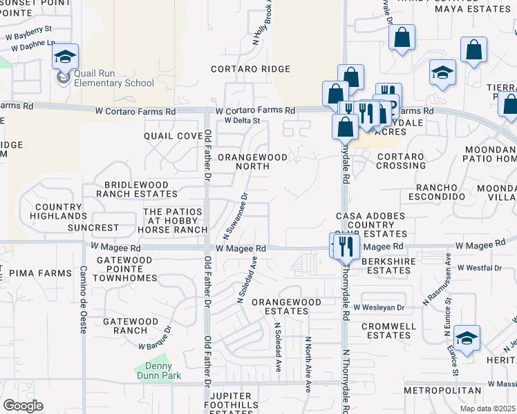 map of restaurants, bars, coffee shops, grocery stores, and more near 4047 West Firethorn Street in Tucson