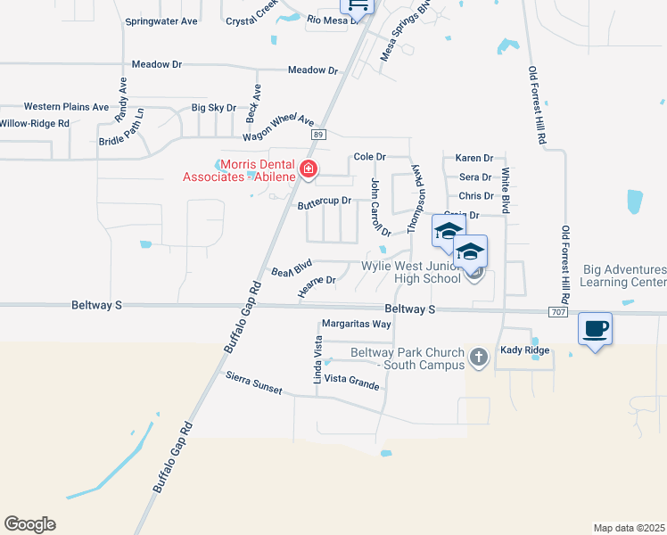 map of restaurants, bars, coffee shops, grocery stores, and more near 4617 Beall Boulevard in Abilene