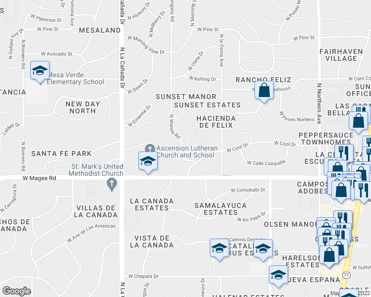 map of restaurants, bars, coffee shops, grocery stores, and more near 8110 North Wanda Road in Tucson