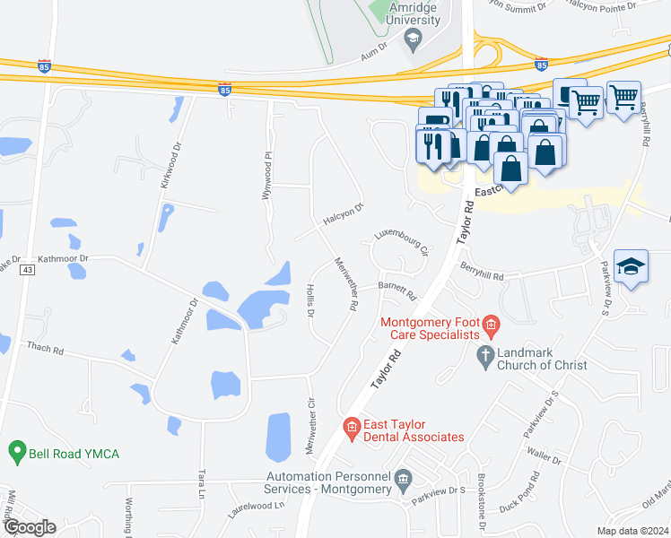 map of restaurants, bars, coffee shops, grocery stores, and more near 6601 Hollis Drive in Montgomery