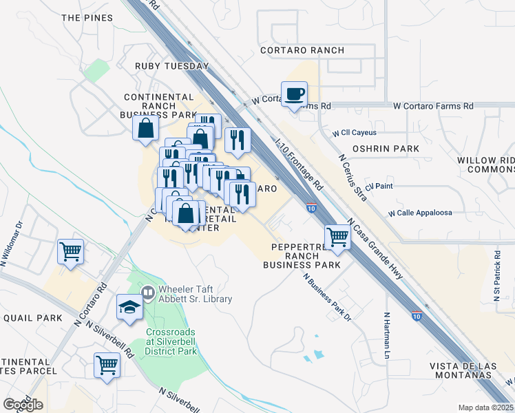map of restaurants, bars, coffee shops, grocery stores, and more near 5800 North Business Park Drive in Tucson