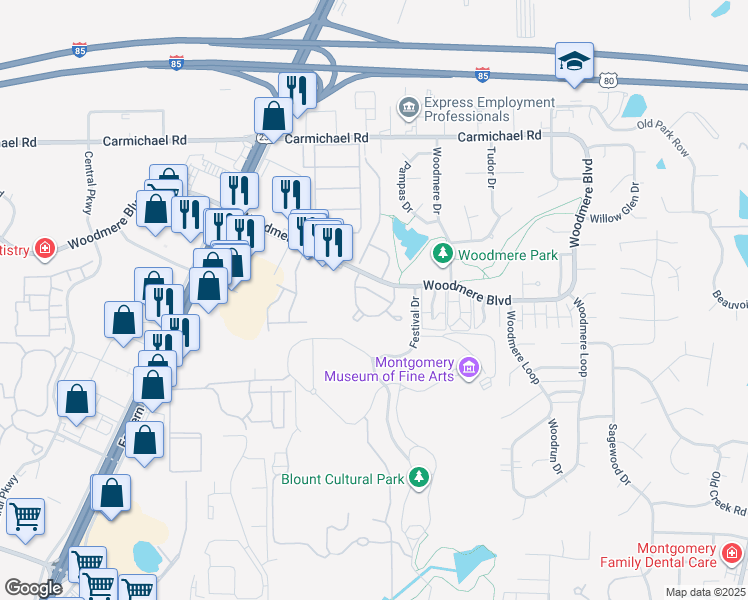 map of restaurants, bars, coffee shops, grocery stores, and more near 1678 London Town Lane in Montgomery