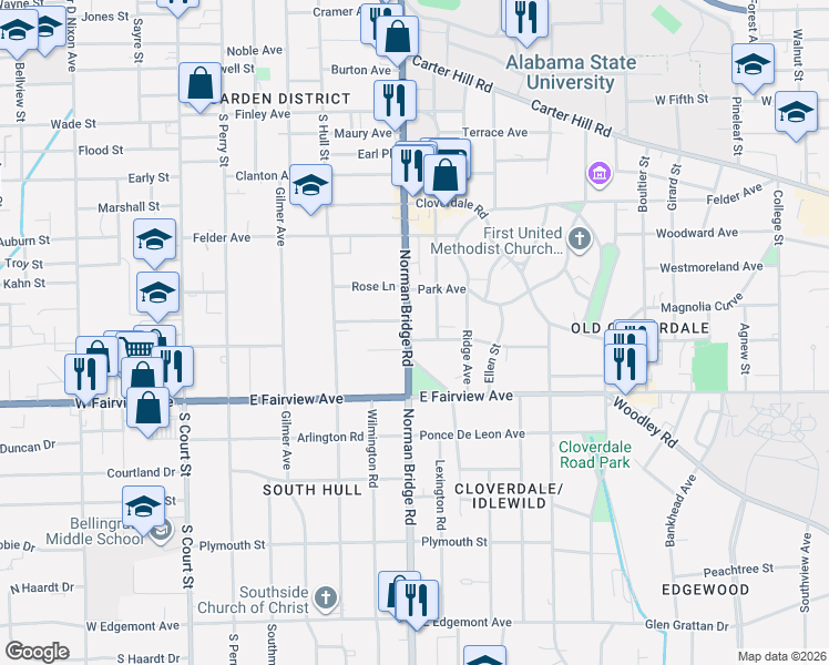 map of restaurants, bars, coffee shops, grocery stores, and more near 402 Thorn Place in Montgomery