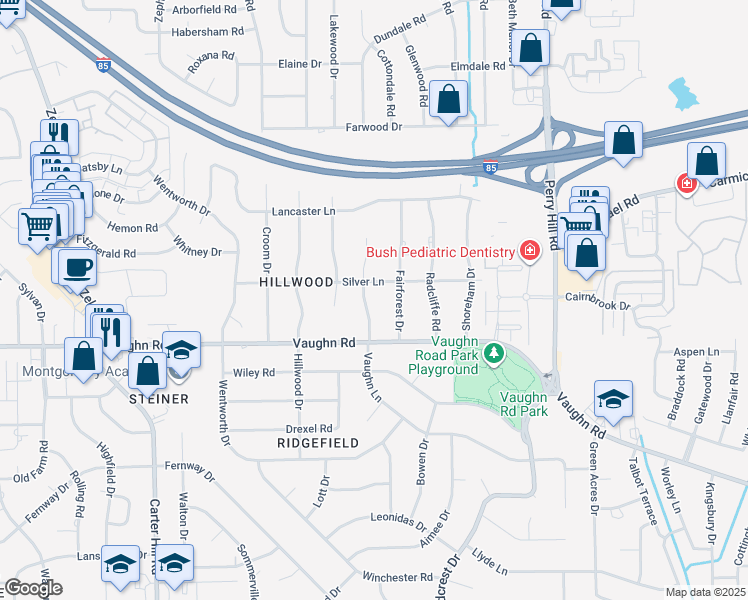 map of restaurants, bars, coffee shops, grocery stores, and more near 1821 Vaughn Lane in Montgomery