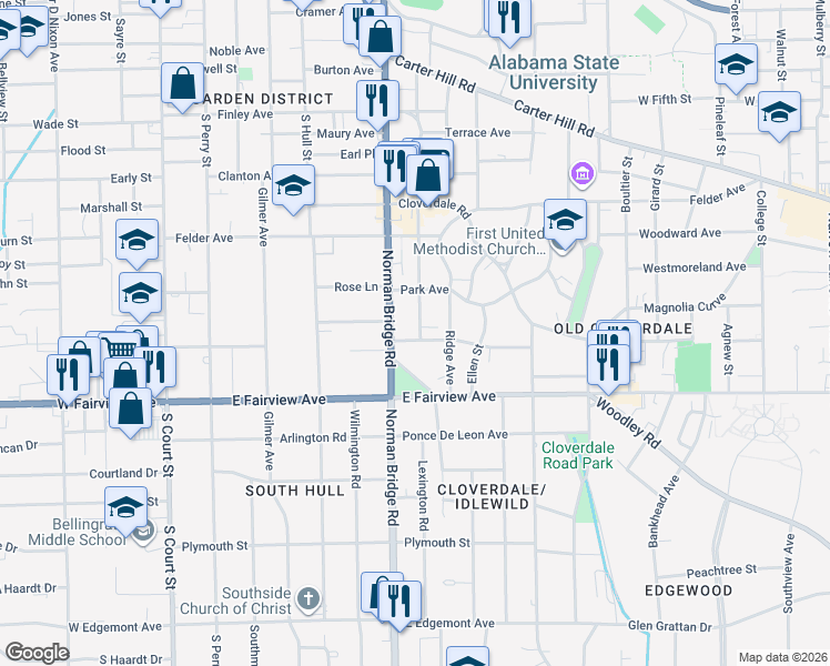 map of restaurants, bars, coffee shops, grocery stores, and more near 402 Thorn Place in Montgomery