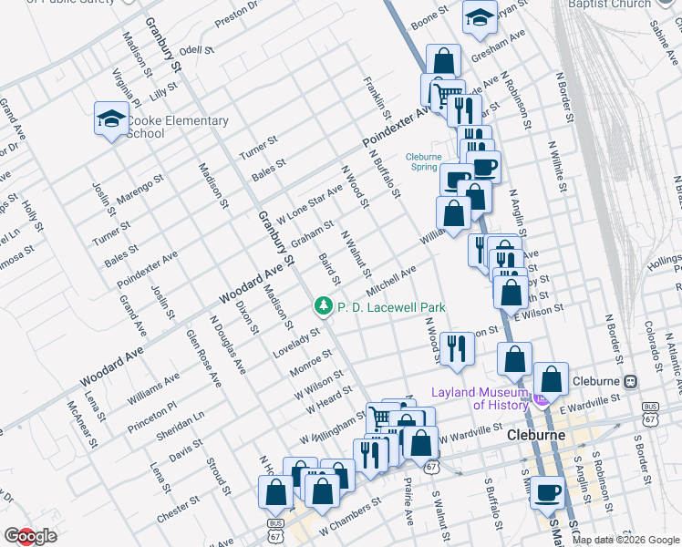 map of restaurants, bars, coffee shops, grocery stores, and more near 506 Williams Avenue in Cleburne