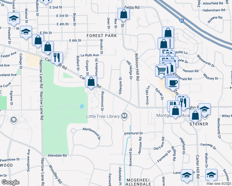 map of restaurants, bars, coffee shops, grocery stores, and more near 2499 Carter Hill Road in Montgomery