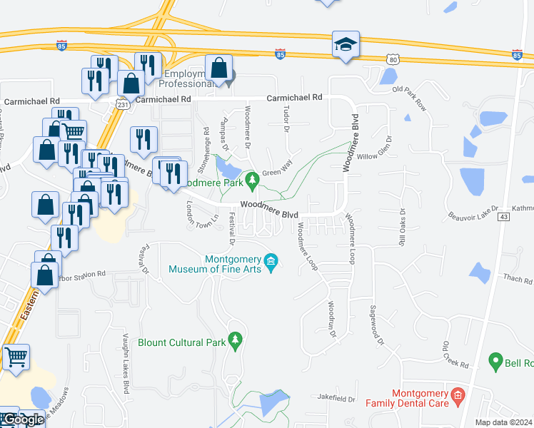 map of restaurants, bars, coffee shops, grocery stores, and more near 1605 Cobblestone Court in Montgomery