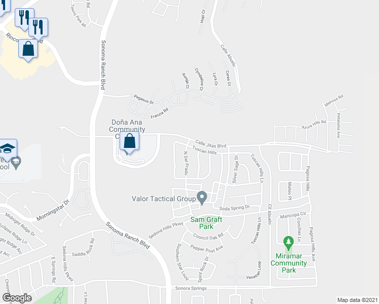 map of restaurants, bars, coffee shops, grocery stores, and more near 4356 Del Prado Way in Las Cruces