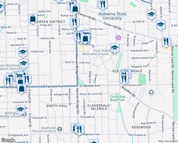 map of restaurants, bars, coffee shops, grocery stores, and more near 1964 Ridge Avenue in Montgomery
