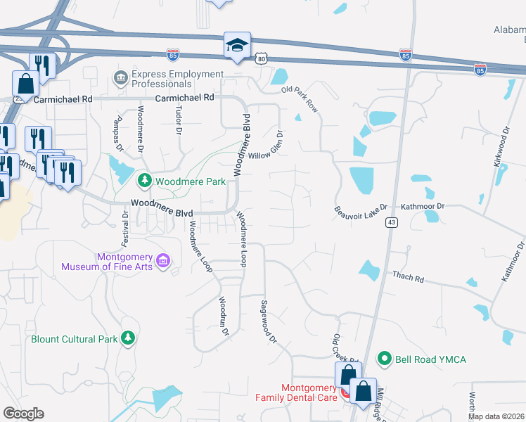 map of restaurants, bars, coffee shops, grocery stores, and more near 6118 Helga Place in Montgomery
