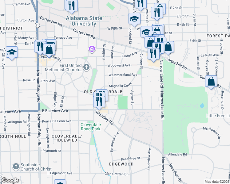 map of restaurants, bars, coffee shops, grocery stores, and more near 1200-1298 Navarro Avenue in Montgomery