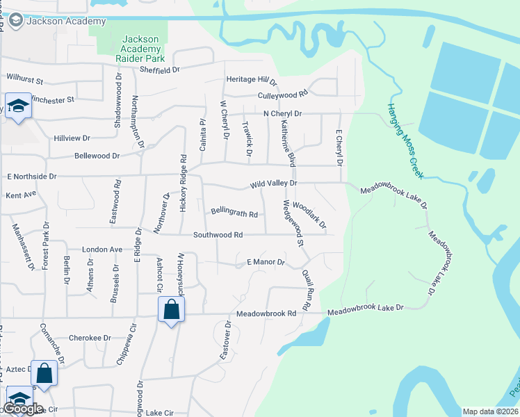 map of restaurants, bars, coffee shops, grocery stores, and more near 2253 Bellingrath Road in Jackson
