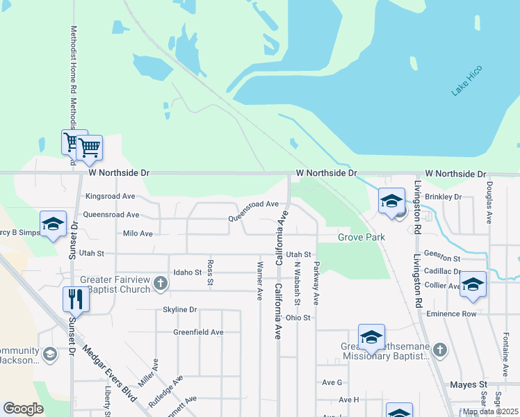 map of restaurants, bars, coffee shops, grocery stores, and more near 115 California Place in Jackson