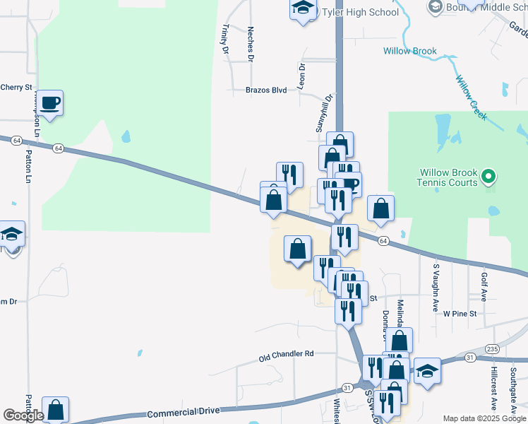 map of restaurants, bars, coffee shops, grocery stores, and more near 3860 Texas 64 in Tyler