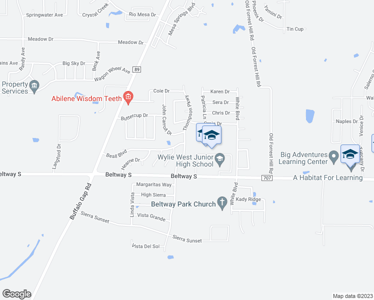 map of restaurants, bars, coffee shops, grocery stores, and more near 7917 Thompson Parkway in Abilene