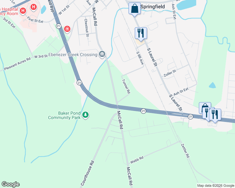 map of restaurants, bars, coffee shops, grocery stores, and more near 605 McCall Road in Springfield