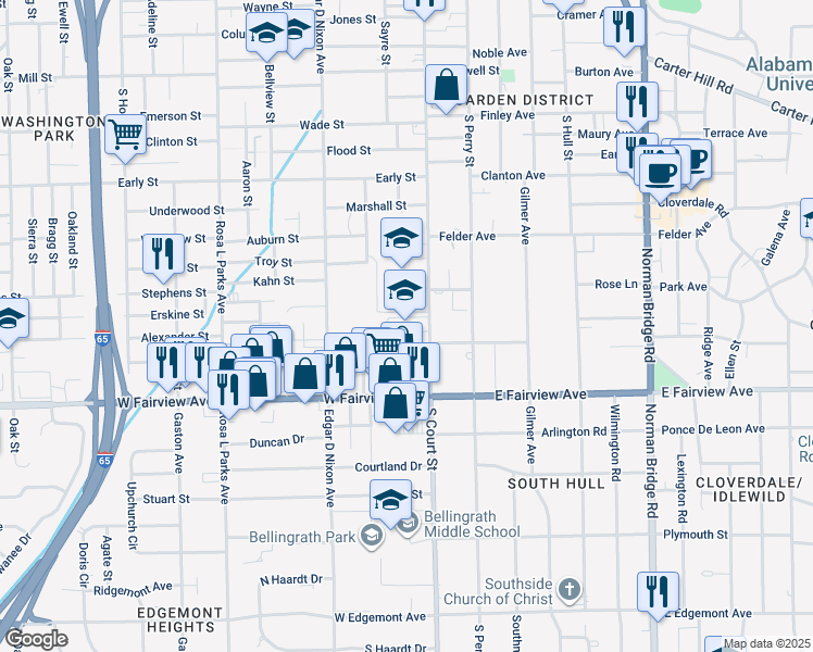 map of restaurants, bars, coffee shops, grocery stores, and more near 1870 South Court Street in Montgomery