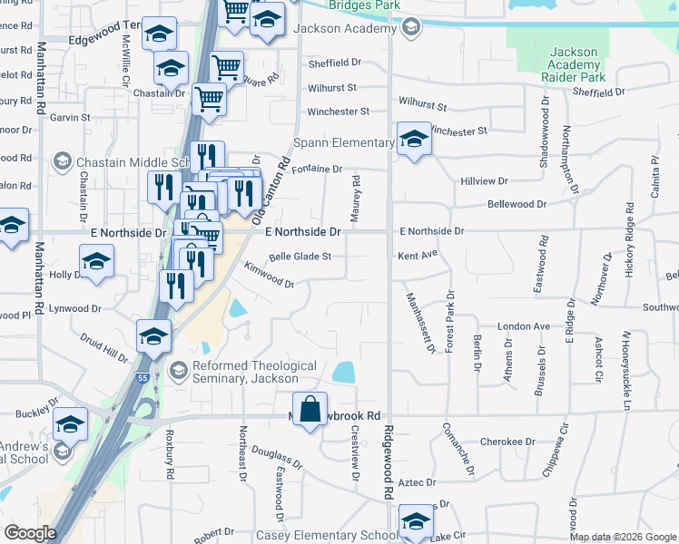 map of restaurants, bars, coffee shops, grocery stores, and more near 1436 Kimwood Drive in Jackson
