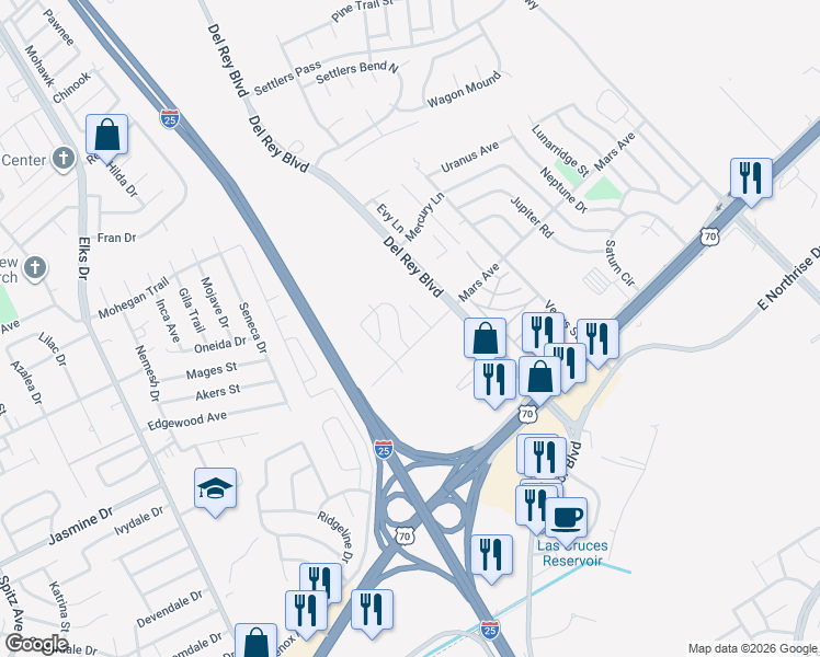 map of restaurants, bars, coffee shops, grocery stores, and more near 3451 Valverde Loop in Las Cruces