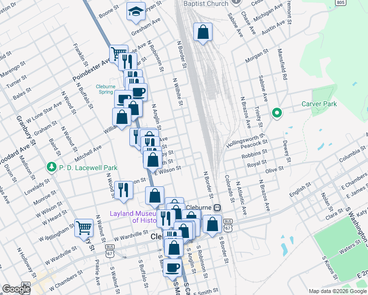 map of restaurants, bars, coffee shops, grocery stores, and more near 300 Heath Street in Cleburne