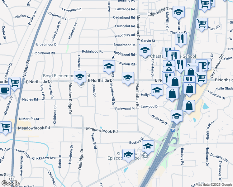 map of restaurants, bars, coffee shops, grocery stores, and more near 964 Meadow Heights Drive in Jackson