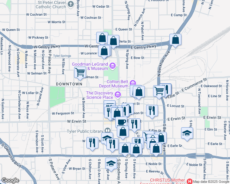 map of restaurants, bars, coffee shops, grocery stores, and more near 314 North Broadway Avenue in Tyler