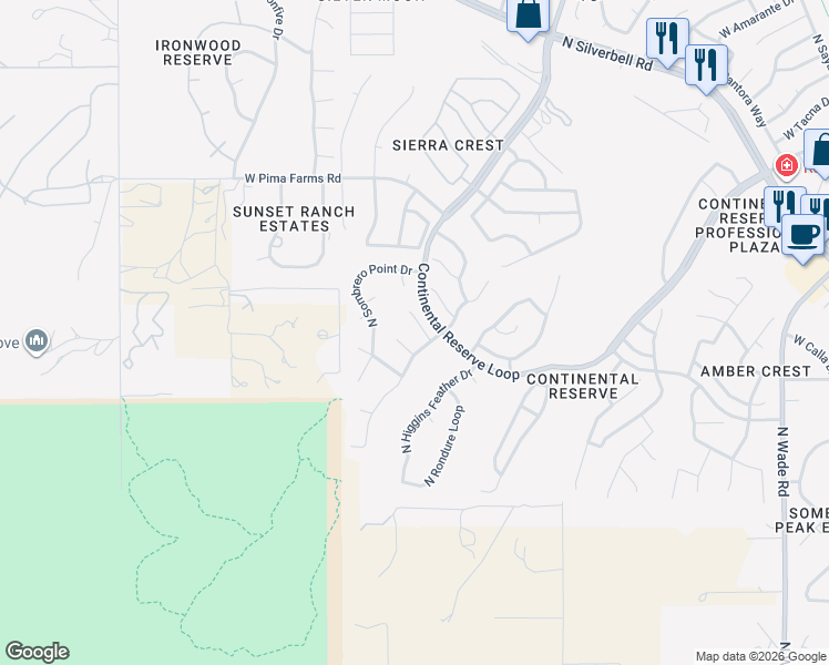 map of restaurants, bars, coffee shops, grocery stores, and more near 7679 West Innutian Court in Tucson