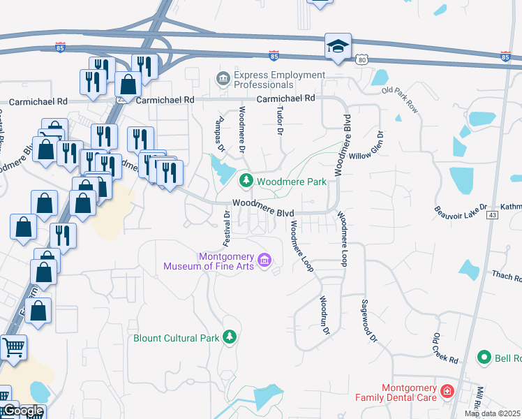 map of restaurants, bars, coffee shops, grocery stores, and more near 1601 Cobblestone Court in Montgomery