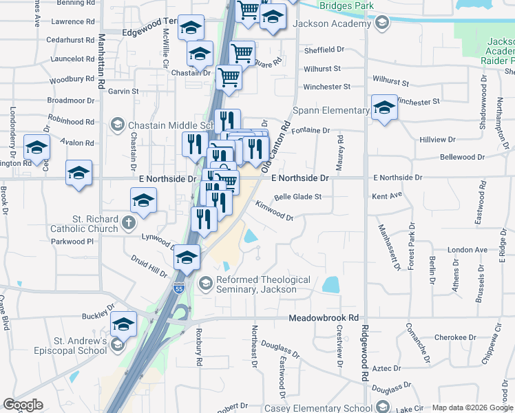 map of restaurants, bars, coffee shops, grocery stores, and more near 4570 Old Canton Road in Jackson