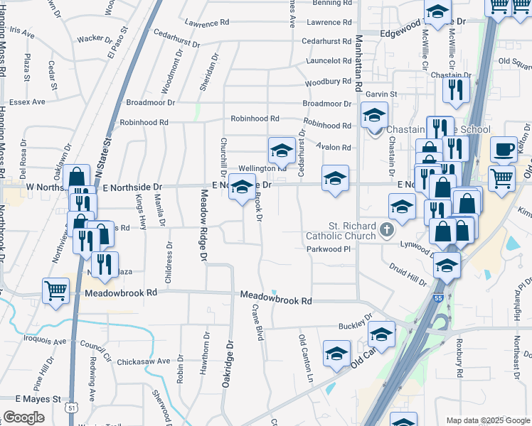 map of restaurants, bars, coffee shops, grocery stores, and more near 4512 Brook Drive in Jackson
