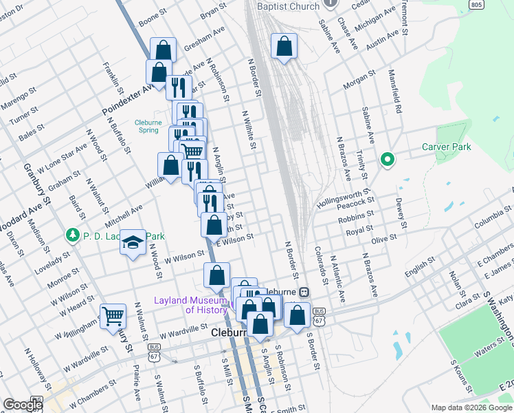 map of restaurants, bars, coffee shops, grocery stores, and more near 615 North Wilhite Street in Cleburne