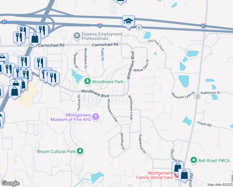 map of restaurants, bars, coffee shops, grocery stores, and more near 6017 Nora Place in Montgomery