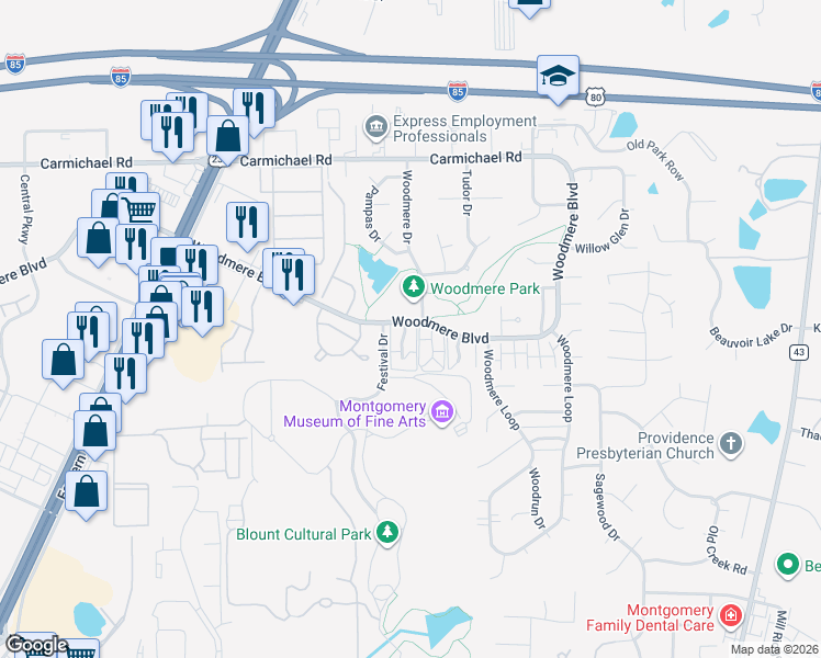 map of restaurants, bars, coffee shops, grocery stores, and more near 1601 Sandstone Court in Montgomery