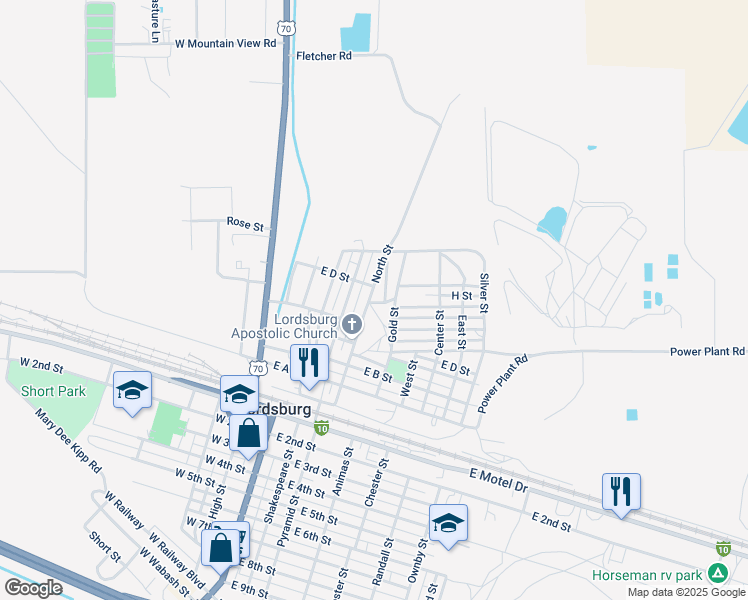 map of restaurants, bars, coffee shops, grocery stores, and more near 401-451 East D Street in Lordsburg