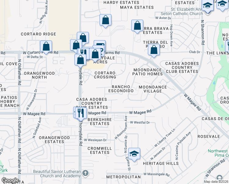 map of restaurants, bars, coffee shops, grocery stores, and more near 3545 West Camino De Caliope in Tucson