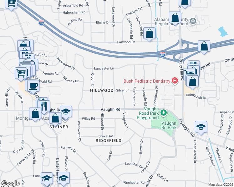 map of restaurants, bars, coffee shops, grocery stores, and more near 1749 Pineneedle Road in Montgomery