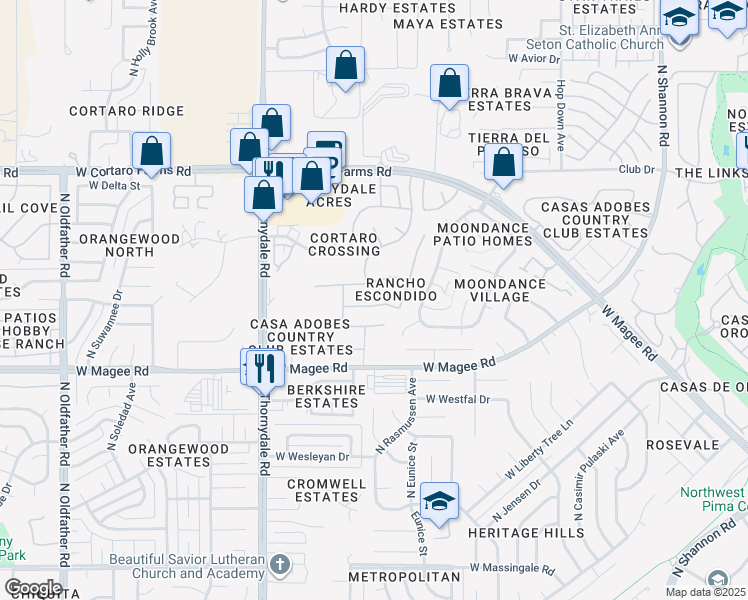 map of restaurants, bars, coffee shops, grocery stores, and more near 3545 West Camino De Caliope in Tucson