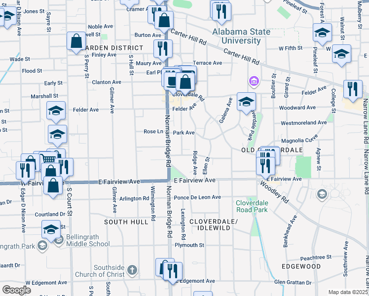 map of restaurants, bars, coffee shops, grocery stores, and more near 1949 Graham Street in Montgomery