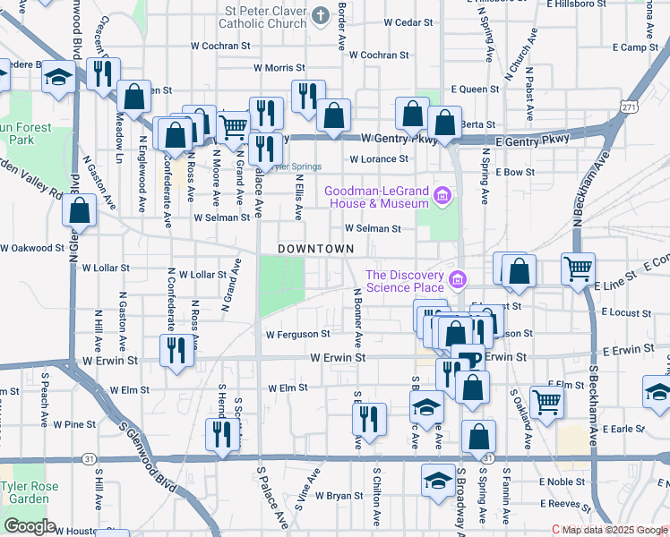 map of restaurants, bars, coffee shops, grocery stores, and more near 408 North Border Avenue in Tyler
