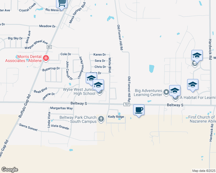 map of restaurants, bars, coffee shops, grocery stores, and more near 7826 White Boulevard in Abilene