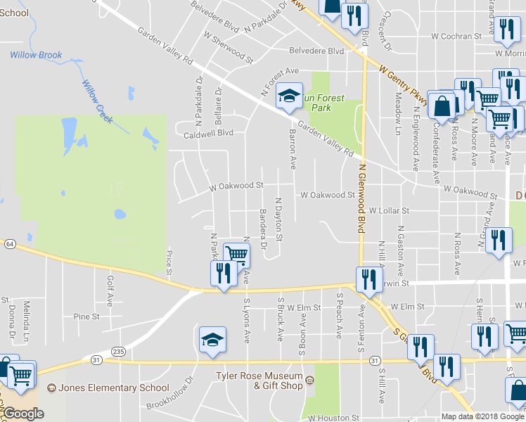 map of restaurants, bars, coffee shops, grocery stores, and more near 399 Bandera Drive in Tyler