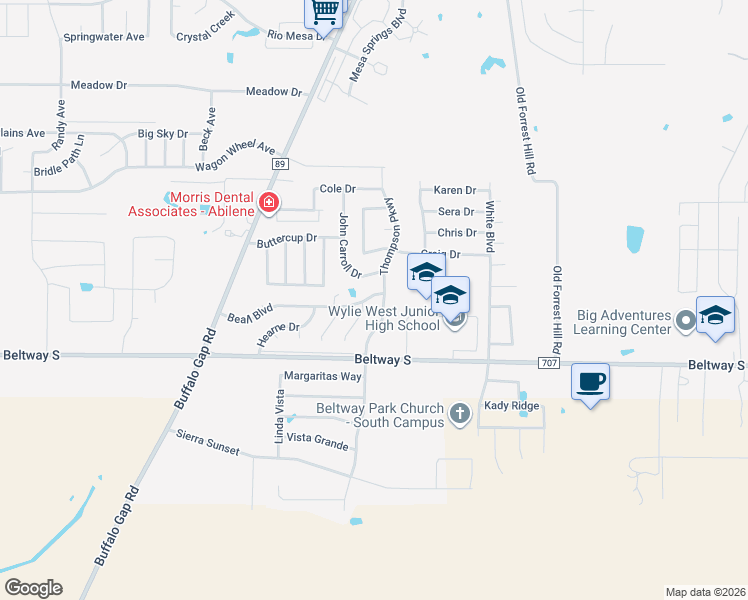 map of restaurants, bars, coffee shops, grocery stores, and more near 7758 John Carroll Drive in Abilene