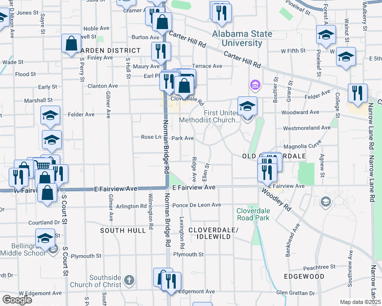map of restaurants, bars, coffee shops, grocery stores, and more near 1918 Ridge Avenue in Montgomery