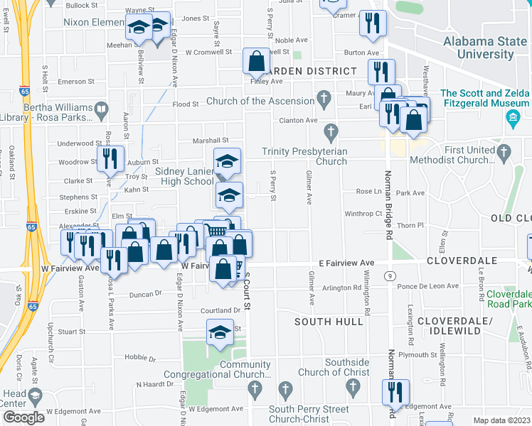 map of restaurants, bars, coffee shops, grocery stores, and more near 1640 South Perry Street in Montgomery