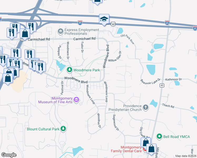 map of restaurants, bars, coffee shops, grocery stores, and more near 6017 Nora Place in Montgomery