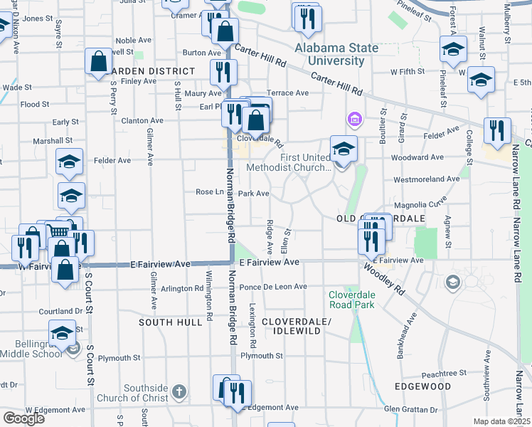 map of restaurants, bars, coffee shops, grocery stores, and more near 1918 Ridge Avenue in Montgomery