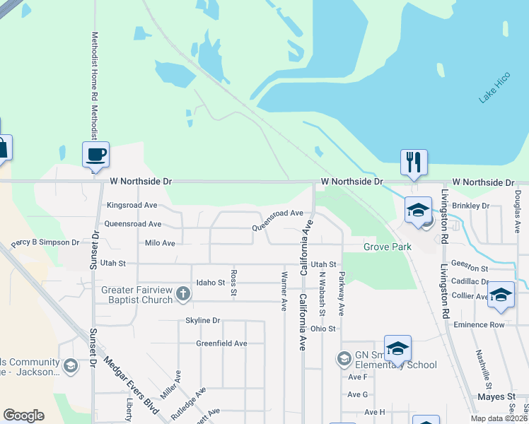 map of restaurants, bars, coffee shops, grocery stores, and more near 2410 Overbrook Drive in Jackson