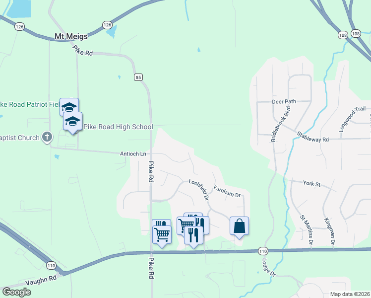 map of restaurants, bars, coffee shops, grocery stores, and more near 1000 Gray Ridge Drive in Pike Road