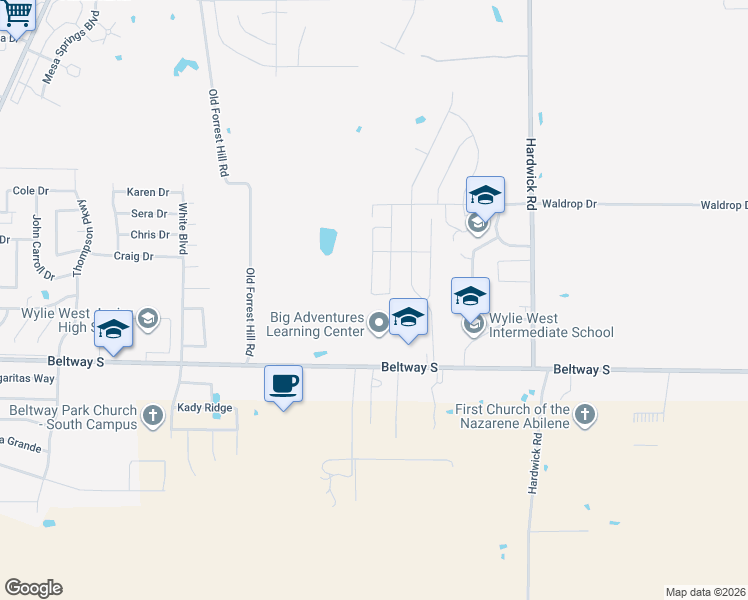 map of restaurants, bars, coffee shops, grocery stores, and more near 3159 Waldrop Drive in Abilene